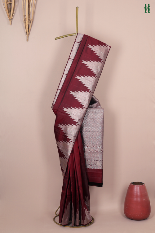 Kanchipuram Silk Saree In Burgundy Red With Temple Border