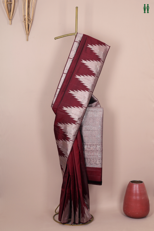 Kanchipuram Silk Saree In Burgundy Red With Temple Border