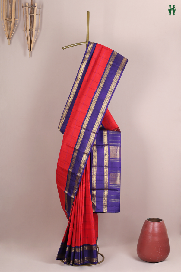 Kanchipuram Silk Saree In Scarlet Red With Checks Design