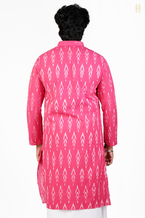 Chinese Collar Printed Design Rani Pink Cotton Long Kurta