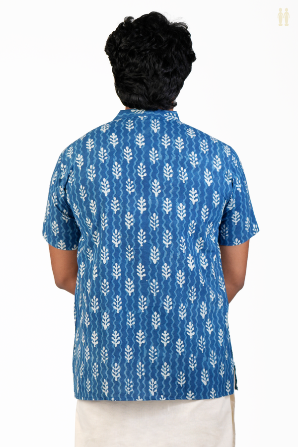 Chinese Collar Printed Design Blue Cotton Short Kurta