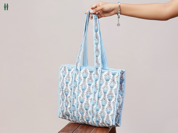 Floral Printed Design White Cotton Hand Bag