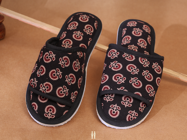 Printed Design Black Cotton Slippers