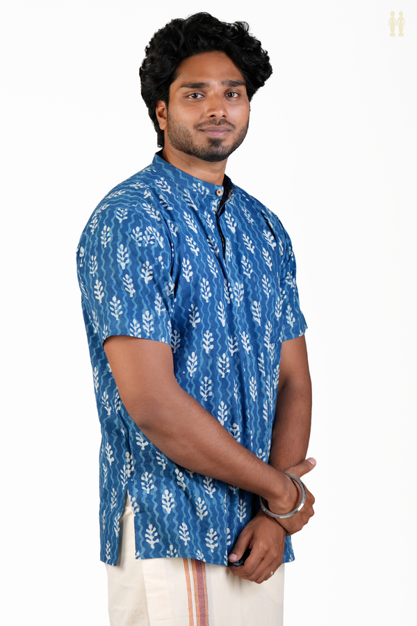 Chinese Collar Printed Design Blue Cotton Short Kurta