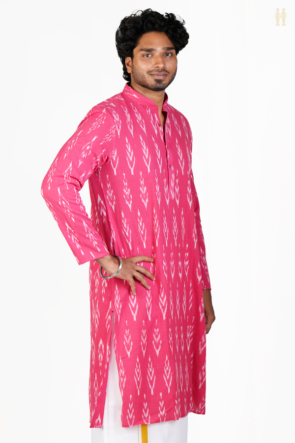 Chinese Collar Printed Design Rani Pink Cotton Long Kurta