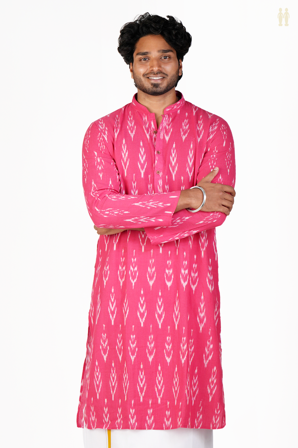 Chinese Collar Printed Design Rani Pink Cotton Long Kurta