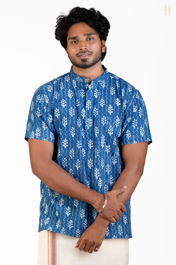 Chinese Collar Printed Design Blue Cotton Short Kurta