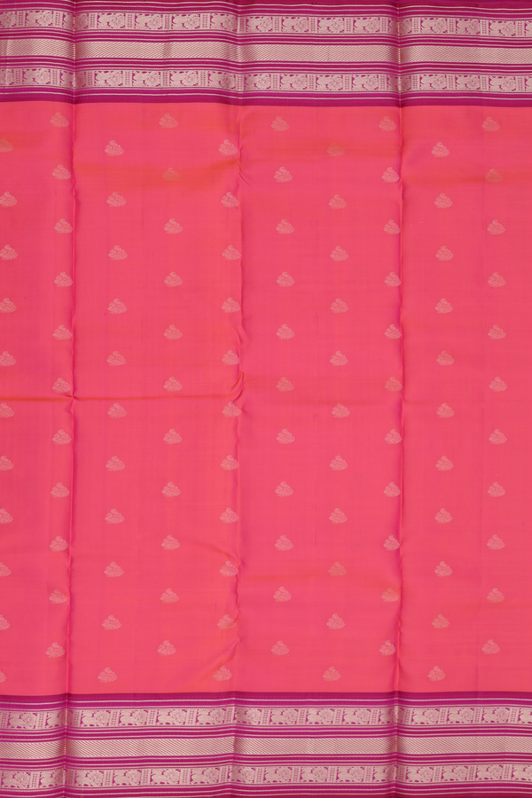 Kanchipuram Silk Saree In Coral Pink With Peacock Buttas