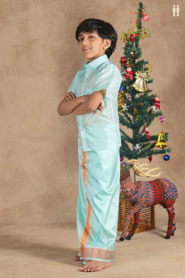 Regular Collar Blue Silk Shirt With Velcro Dhoti Set