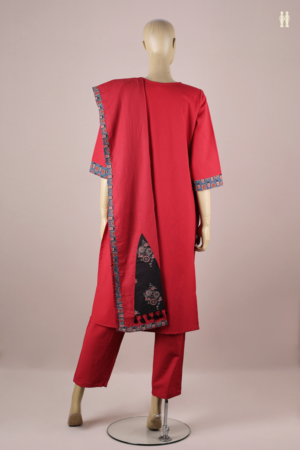 Round Neck Patch Work Red Cotton Salwar Set