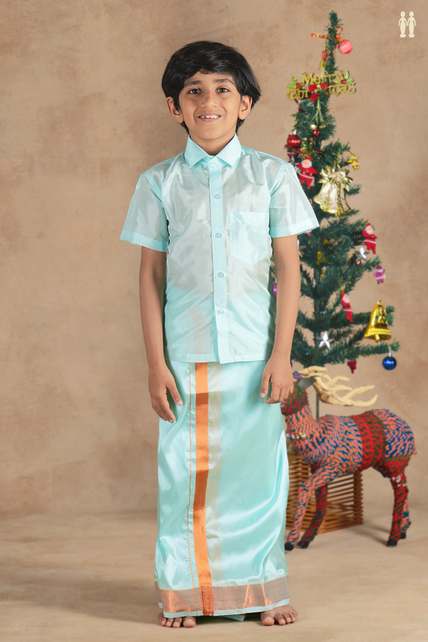 Regular Collar Blue Silk Shirt With Velcro Dhoti Set