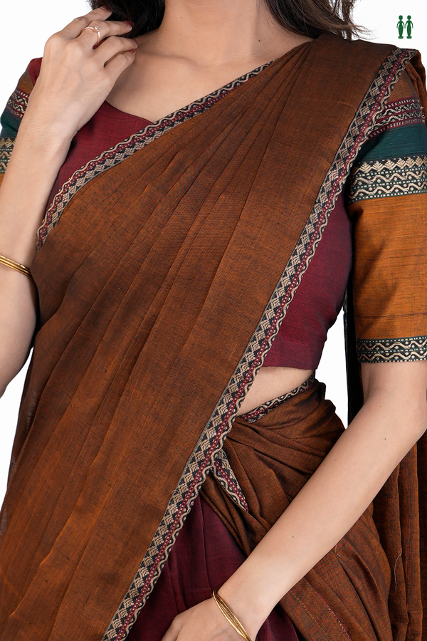 Threadwork Border Golden Brown Cotton Readymade Half Saree