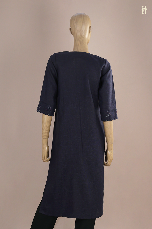V-Neck Threadwork Design Navy Blue Linen Long Kurta