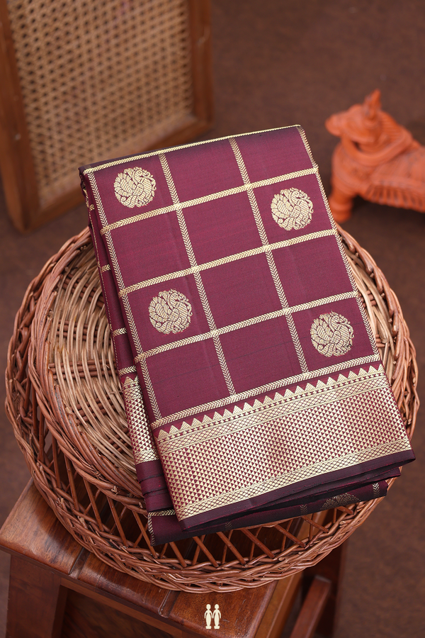 Kanchipuram Silk Saree In Burgundy Red With Checks Design