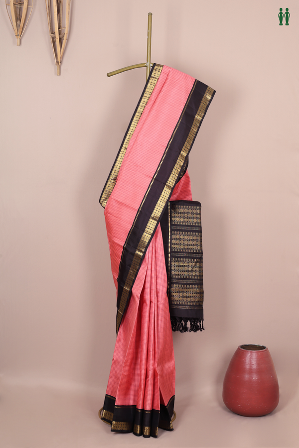 Kanchipuram Silk Saree In Pink With Checks Design
