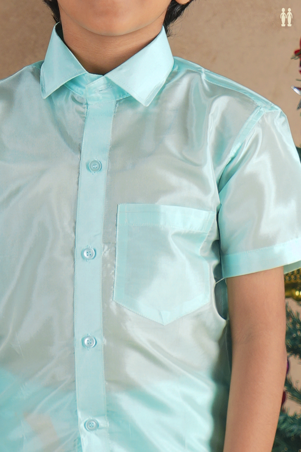 Regular Collar Blue Silk Shirt With Velcro Dhoti Set