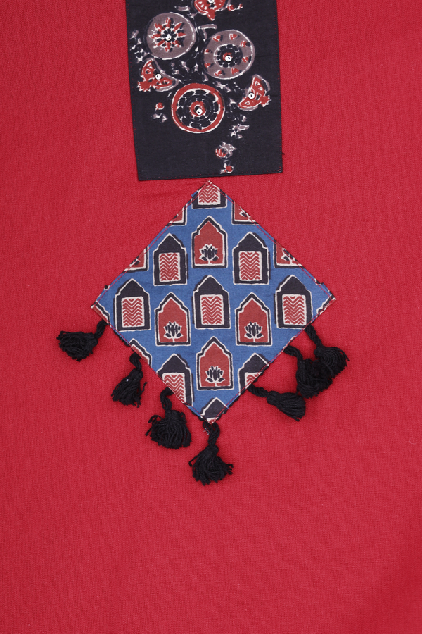 Round Neck Patch Work Red Cotton Salwar Set