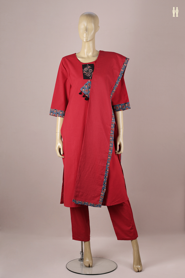 Round Neck Patch Work Red Cotton Salwar Set