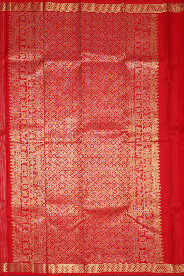 Kanchipuram Silk Saree In Chilli Red With Stripes Design