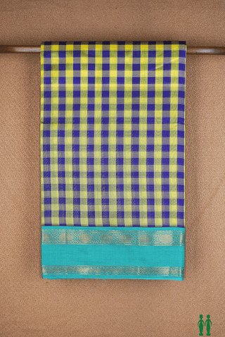 Allover Check Design Yellow And Royal Blue Silk Cotton Saree