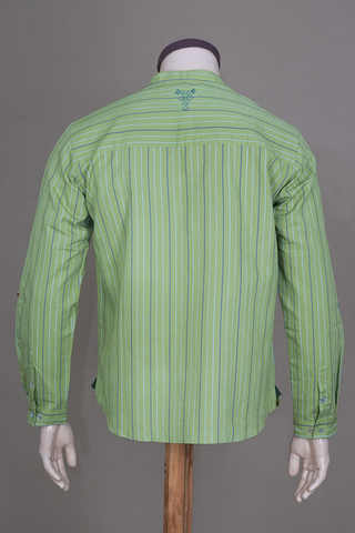 Stripes With Bird Embroidery Pastel Green Cotton Short Kurta