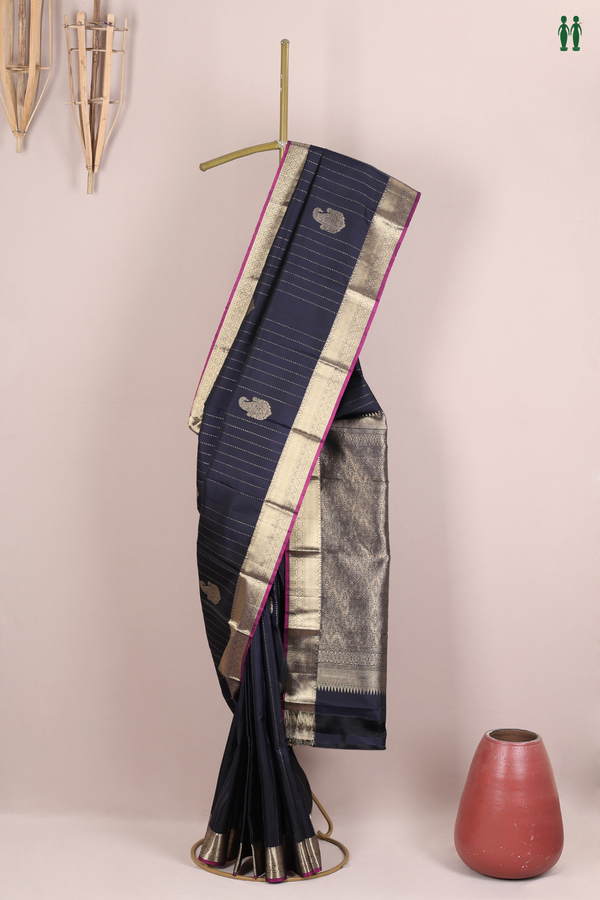 Kanchipuram Silk Saree In Navy Blue With Stripes Design