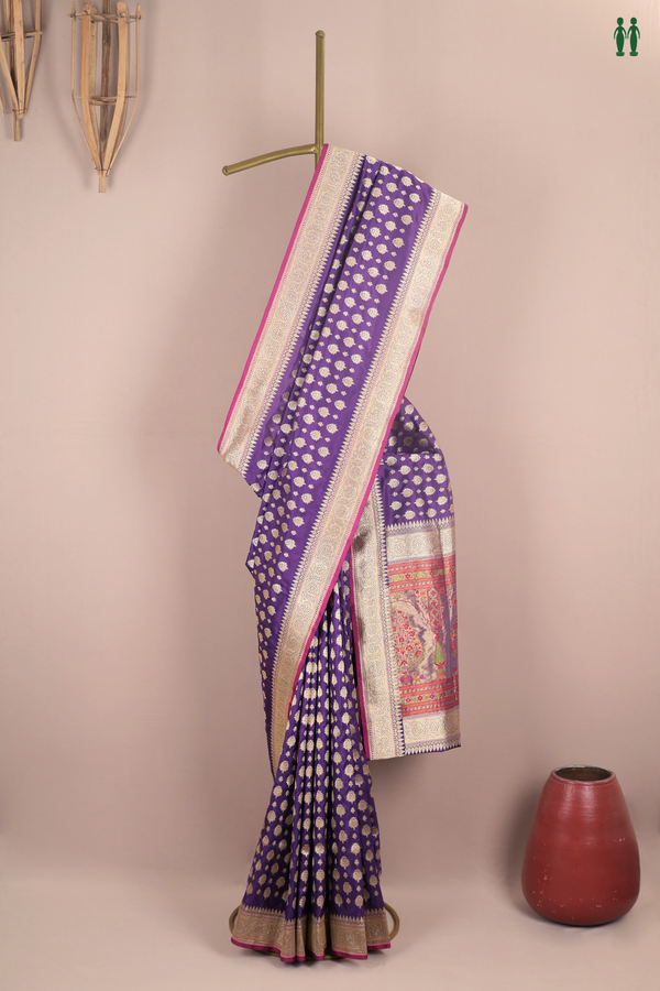 Banarasi Silk Saree In Royal Purple With Zari Buttas