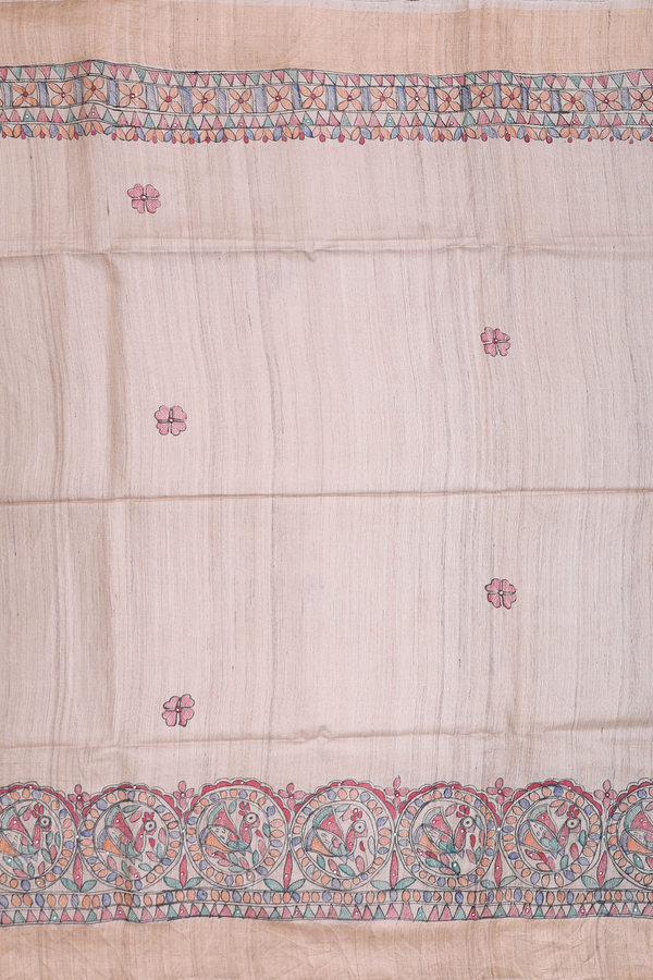 Tussar Madhubani Silk Saree In Beige With Floral Buttas