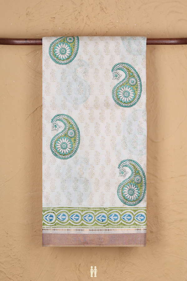 Tussar Silk Saree In Half White With Paisley Design