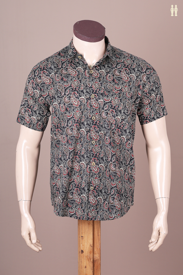 Regular Collar Printed Design Black Cotton Shirt
