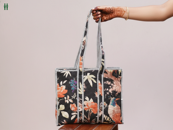 Birds Printed Design Black Cotton Hand Bag