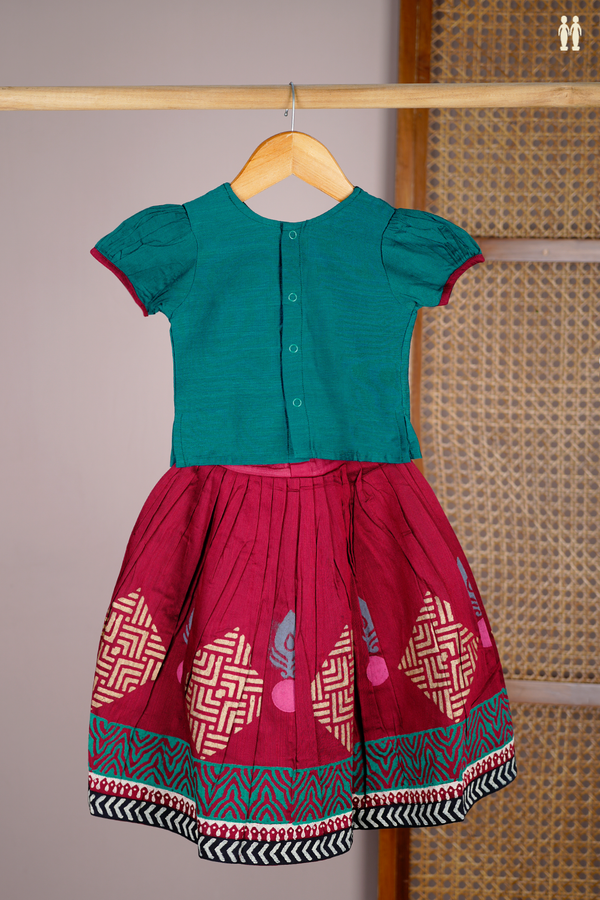 Printed Design Teal Blue And Maroon Readymade Pavadai Sattai