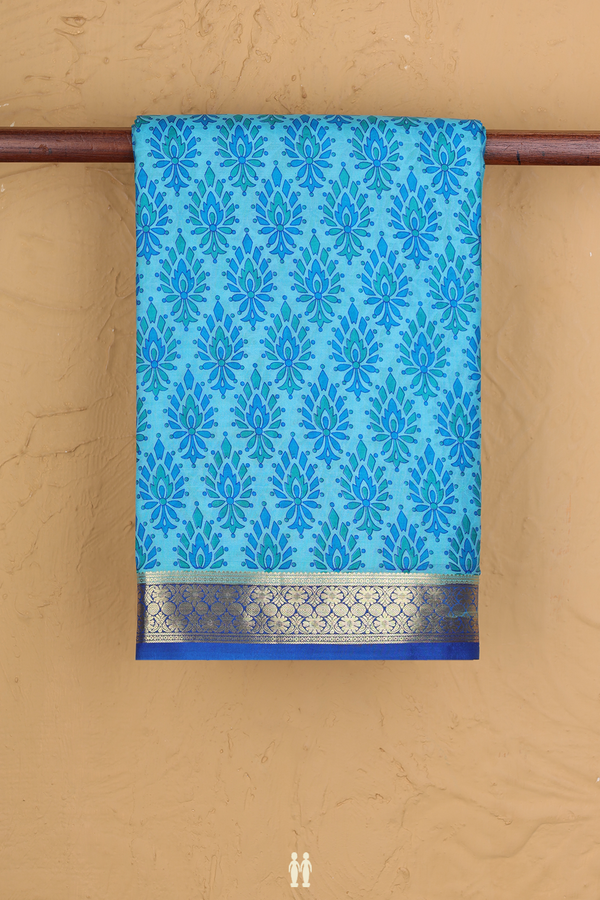 Printed Silk Saree In Sky Blue With Allover Design