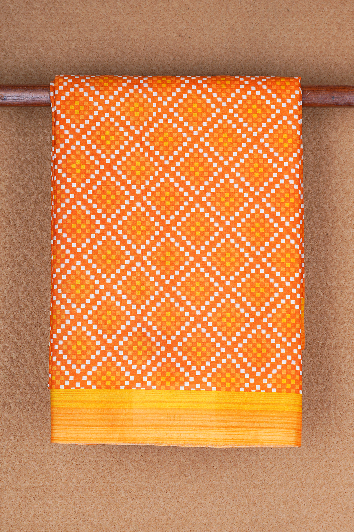 Allover Geometric Pattern Tangerine Orange Printed Silk Saree