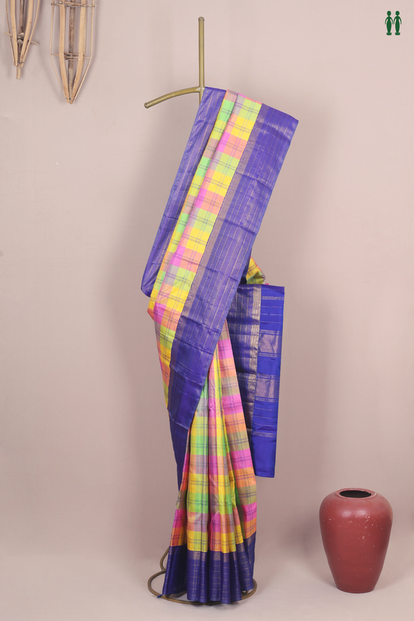 Kanchipuram Silk Saree In Multicolor With Checks Design