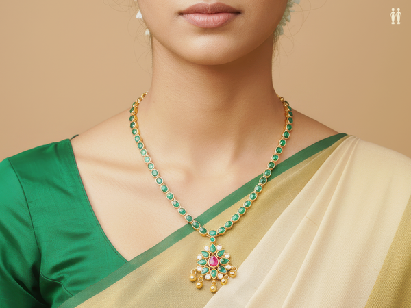Floral Design With Emerald Stone Gold Plated Silver Necklace