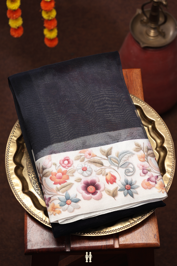Organza Silk Saree In Black With Floral Border