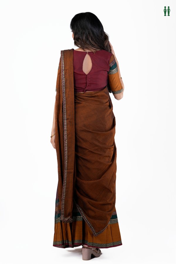 Threadwork Border Golden Brown Cotton Readymade Half Saree