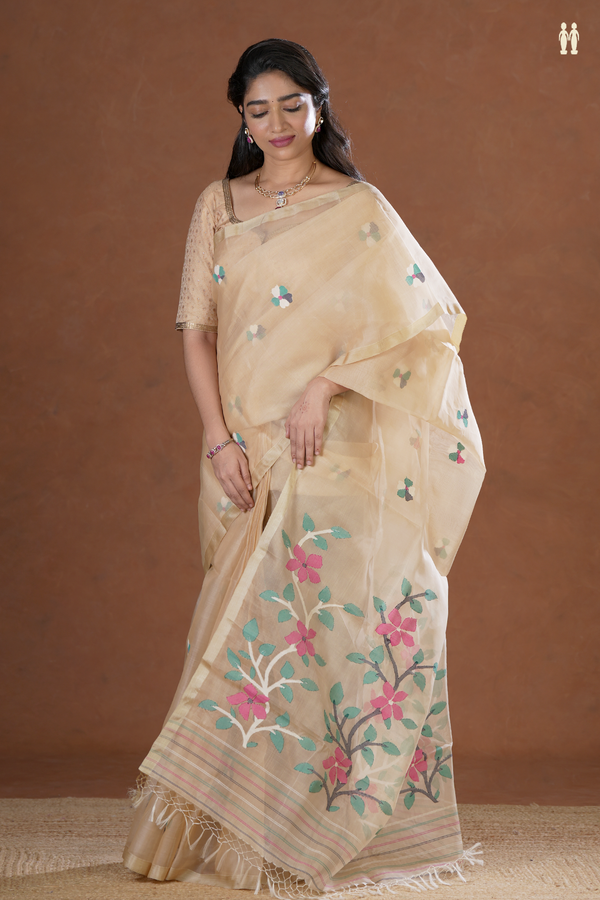 Muslin Bengal Cotton Saree In Brown With Floral Buttas