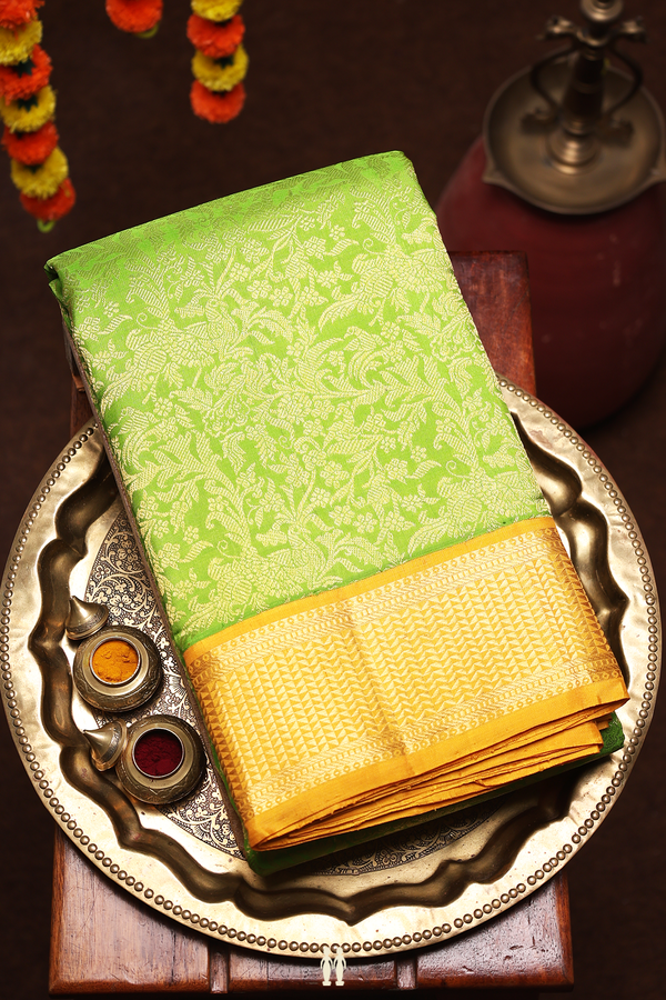 Kanchipuram Silk Saree In Parrot Green With Brocade Design