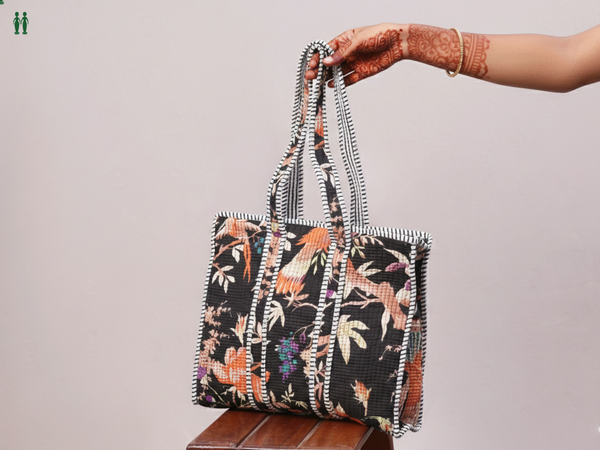Birds Printed Design Black Cotton Hand Bag