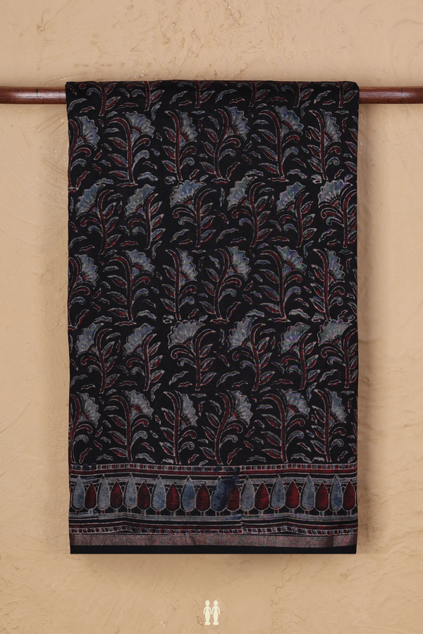 Chanderi Silk Cotton Saree Black With Floral Design