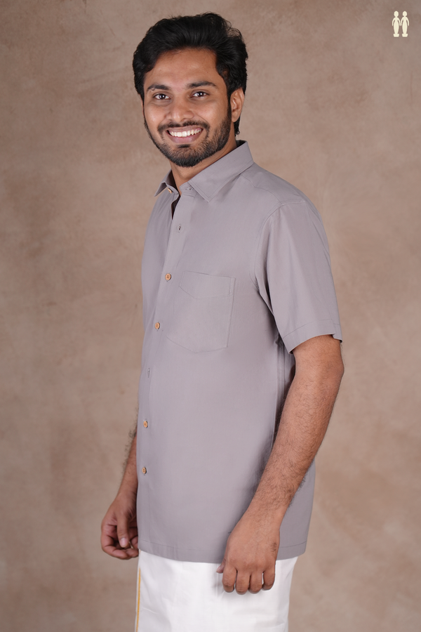 Regular Collar Plain Grey Cotton Shirt