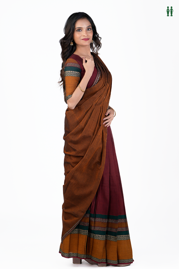 Threadwork Border Golden Brown Cotton Readymade Half Saree