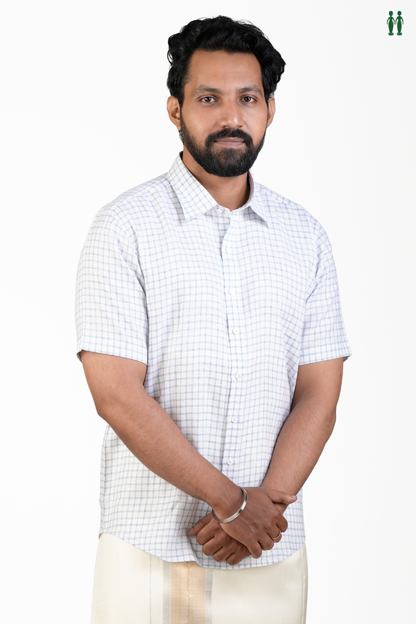 Regular Collar Checks Design White Linen Shirt