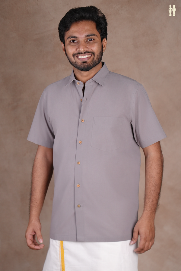 Regular Collar Plain Grey Cotton Shirt
