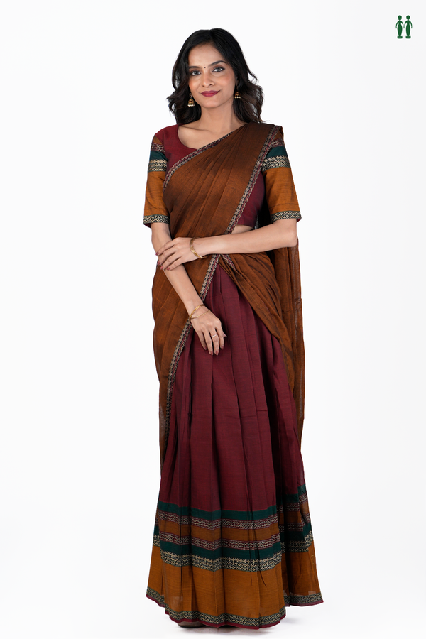 Threadwork Border Golden Brown Cotton Readymade Half Saree