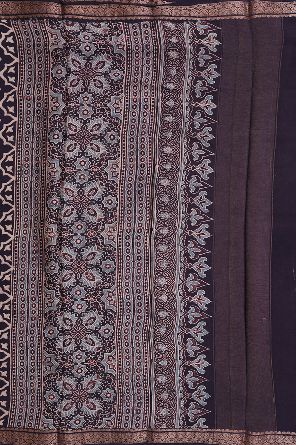 Crepe Saree In Dark Oak Brown With Ajrakh Printed Design