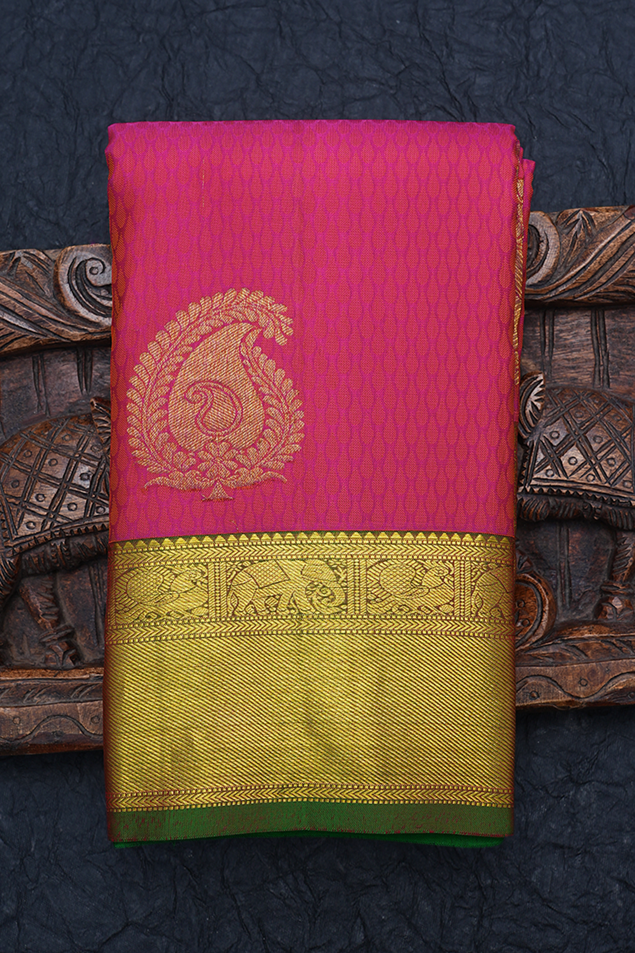 Threadwork With Buttas Rani Pink Kanchipuram Silk Saree