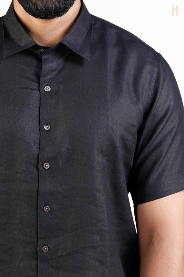 Regular Collar Plain Black Linen Shirt